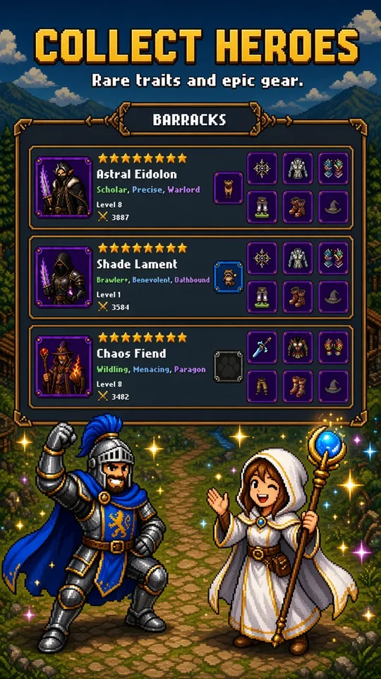 The Barracks hero list with rare traits and epic gear